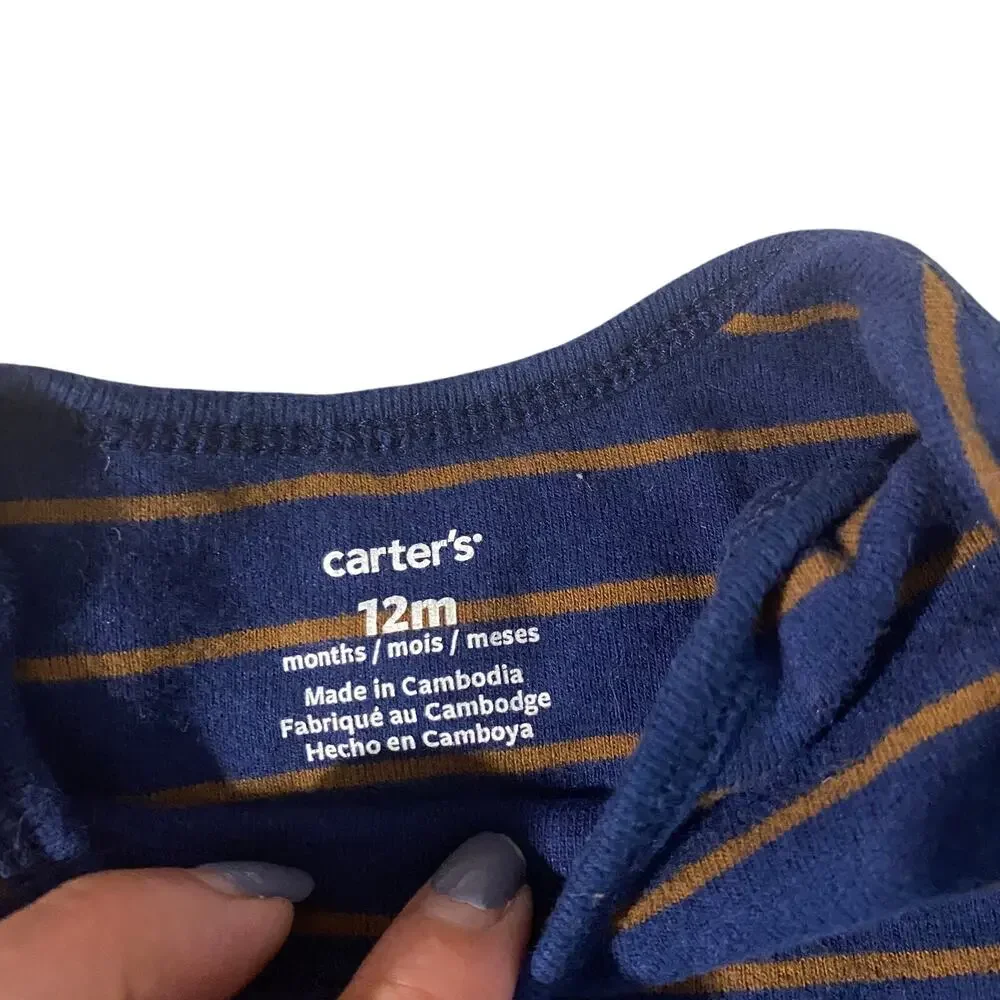 Carter's Blue Brown Striped Long Sleeve Casual One Piece Baby Boy Sz 12M